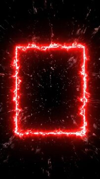 Vibrant Neon Frame Glowing red rectangular border with electric spark effect on black background for social media stories and digital signage. Vertical. Video. Portrait Orientation.
