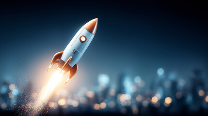 Fototapeta premium Rocket launch taking off into night sky with glowing engine flame and motion blur