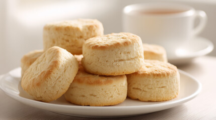 Fototapeta premium Fresh homemade scones on white plate with tea in soft natural light