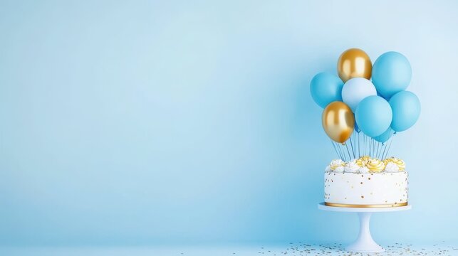 Elegant birthday cake with gold and blue balloons against a pastel background