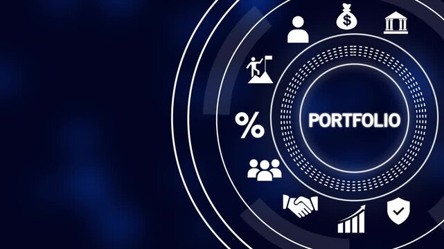 Digital Portfolio Management Concept with Icons and Concentric Circles on Dark Blue Background strategy