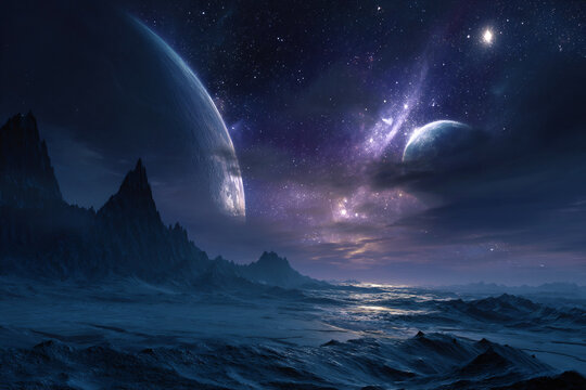 mystical sci fi moonscape beneath alien stars, ethereal cosmic moon landscape in deep space, surreal celestial moonscape of a futuristic universe