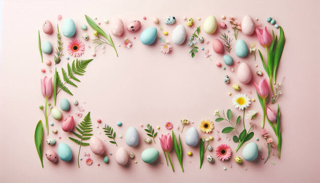 Minimal Easter spring flat lay with pastel decorated eggs, yellow daffodil flowers, wicker basket and bunny ornament on bright green background. Seasonal holiday composition with copy space for greeti