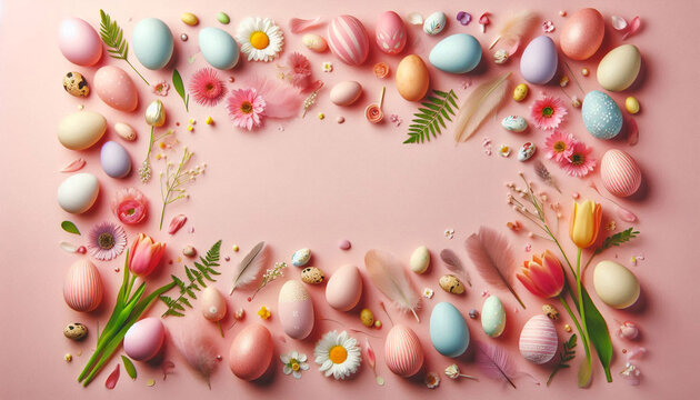 Easter Flat Lay Background with Pastel Eggs, Spring Flowers and Wicker Basket on Green