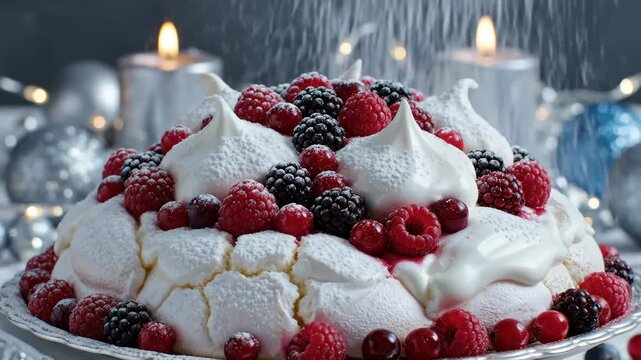 Festive Pavlova Dessert With Berries and Cream, Dusted With Powdered Sugar, Festive Holiday Background