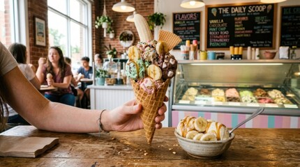 Obraz premium Hand holding a loaded ice cream cone with banana slices and caramel drizzle
