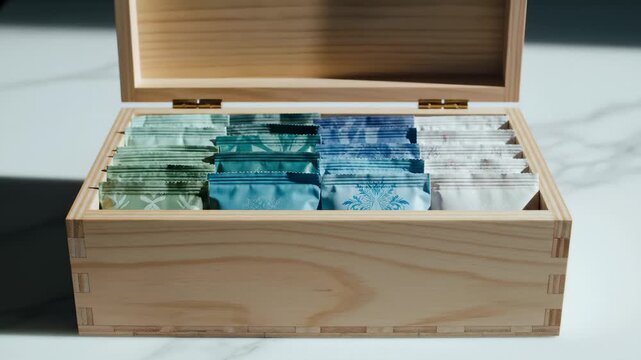 Wooden Box Filled With Assorted Tea Bags, Close-Up Shot