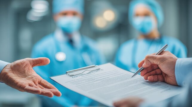Surgeon Explains Informed Consent Form to Patient in Clinical Room Setting With Professional Medical Staff Present