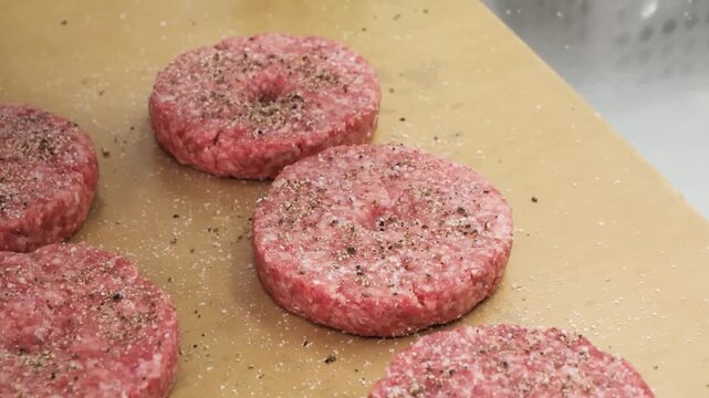 A close-up shot of a chef's hand in a black glove sprinkling salt and black pepper onto fresh, raw ground beef burger patties.