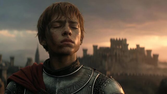 A young armored warrior with a worn face in a realistic style before a blurred castle at dusk, concept of courage and resolve