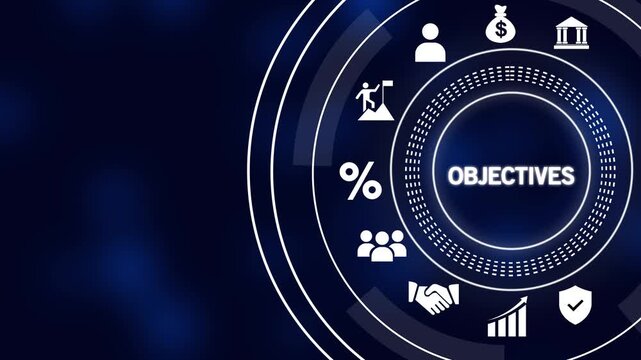 Digital concept of business objectives with icons and concentric circles on a dark blue background goals