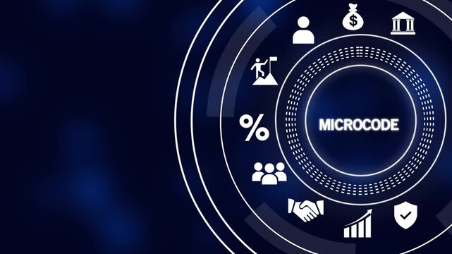 Microcode Business Concept with Icons and Circular Interface on Dark Blue Background software programming