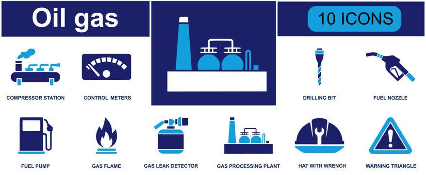 Oil and gas icon set. Containing compressor station, control meter, drilling bit, fuel nozzle, fuel pump, gas flame, leak detector, gas plant, warning sign and more. Solid fill vector icons.