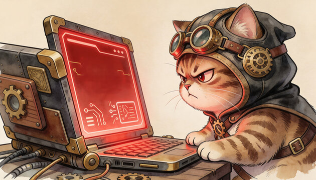 Steampunk cat character working on a computer in a vintage workspace with mechanical details and holographic displays