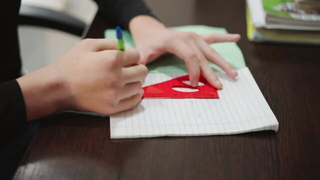 Closeup grandson tracing red heart, pen and stencil on lined notebook, cozy table setting, warm lighting, careful hand movements, sentimental craft for grandma, family bonding moment