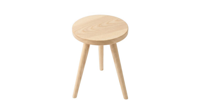 light brown wooden stool with three legs on white background