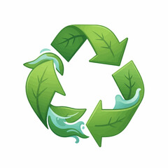Fototapeta premium Three dimensional green leaves forming a recycling symbol, with clear blue water splashing and dripping from the leaves, all set against a clean white background.