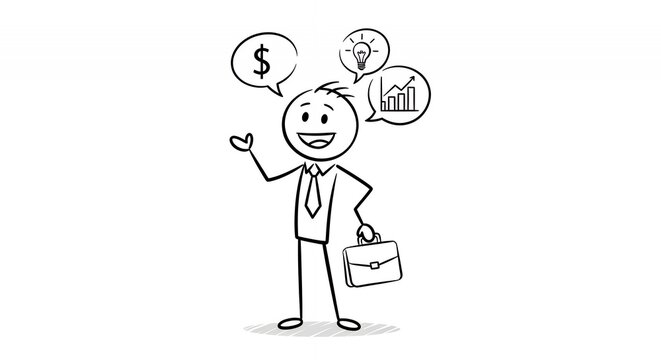 Happy Stickman Financial Advisor with Tie and Briefcase on White