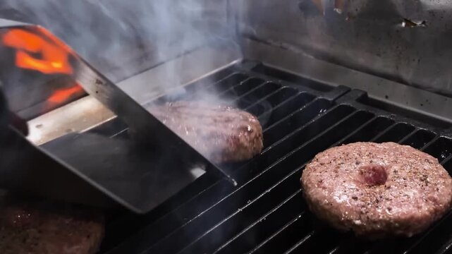Close-up of two raw beef patties, possibly Wagyu, being cooked on a hot grill with open flames and smoke. A metal spatula is partially visible, potentially used to manage the flare-up. The scene sugge