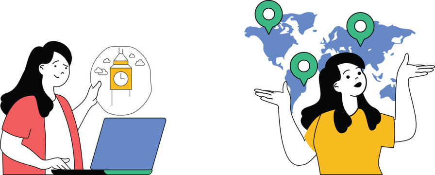 Two women exploring time zones and global locations through digital means and world map interaction