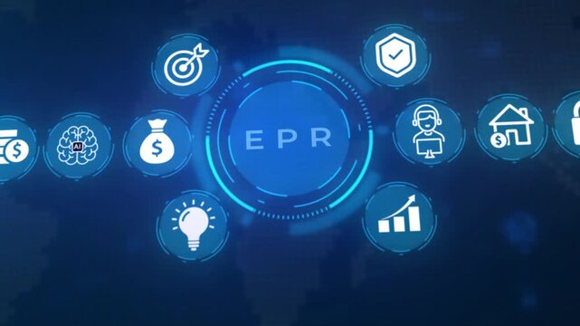 Digital infographic showcasing a central glowing blue circular interface with letters E and P, surrounded by interconnected white representing business, finance, and technology concepts on a dark