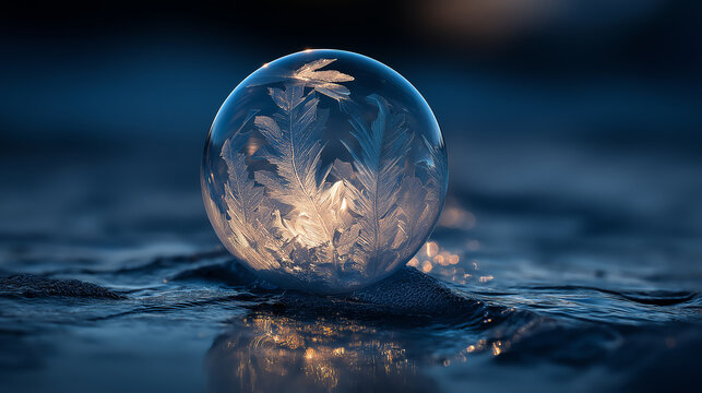 Macro photo of a frozen bubble showing delicate crystalline structures on dark ice.