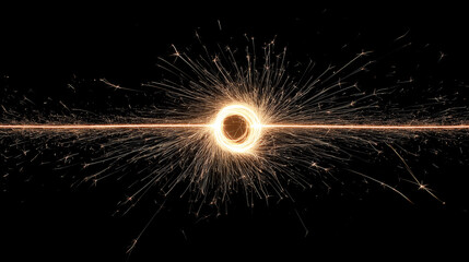 Obraz premium A minimalist holiday shot of a burning sparkler emitting golden sparks against a black background.