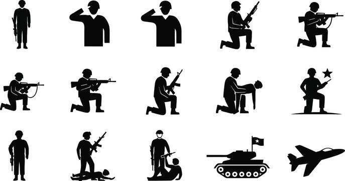 Soldiers and military vehicles in various combat positions and actions scene