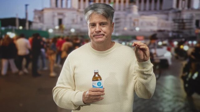 Man holding medicine bottle and pinching fingers gesture in a crowded street near a monument; hesitation health choice.