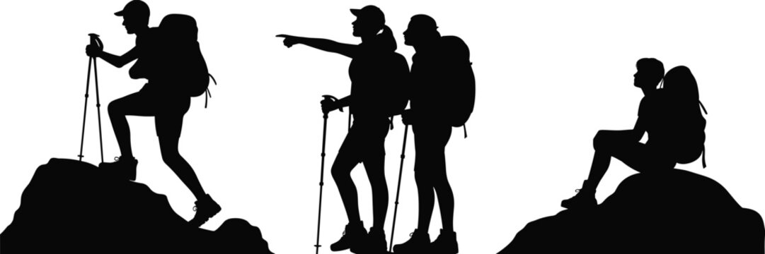Hiking silhouettes vector set with backpackers climbing trekking mountain adventure outdoor isolated black figures illustration collection travel nature concept