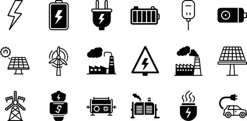 power silhouette icons, energy vector icons, electricity icon set, lightning bolt icon, battery symbol, power switch icon, plug and socket icon, solar panel icon, wind turbine icon, generator icon, hi © MD