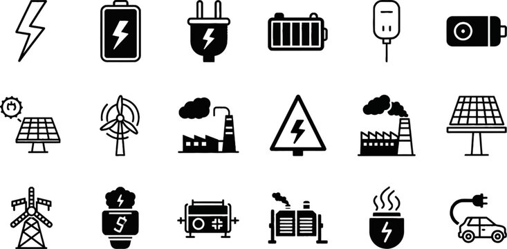 power silhouette icons, energy vector icons, electricity icon set, lightning bolt icon, battery symbol, power switch icon, plug and socket icon, solar panel icon, wind turbine icon, generator icon, hi