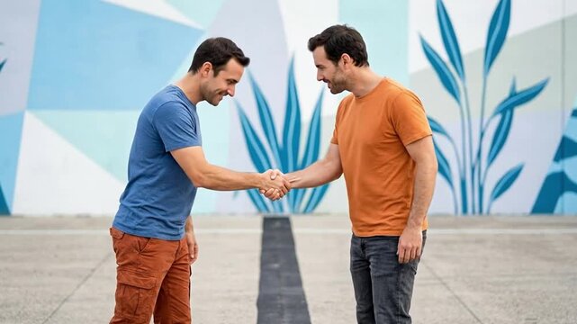 Two men in casual attire shake hands in front of a vibrant, modern mural featuring stylized plant motifs and geometric patterns.