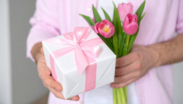 Hands holding a beautifully wrapped gift box with spring tulips for a holiday celebration