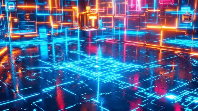 Futuristic neon grid room
