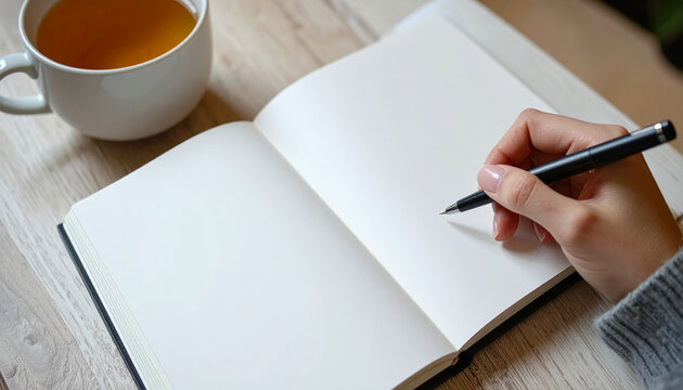 Hands writing in a journal next to a cup of tea