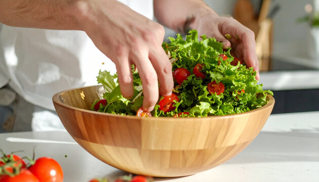 Hands tossing a fresh green salad in a wooden bowl
