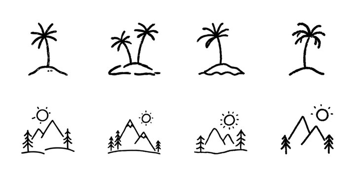 Palm Trees And Mountain Landscapes In Hand Drawn Style Set. Tropical And Nature Scenery Doodle Sketch Collection. Vacation And Adventure Themes. Isolated Vector Illustration