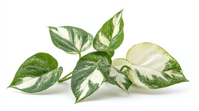 Variegated Pothos Plant Leaves on White Background, Epipremnum Aureum, Tropical Houseplant
