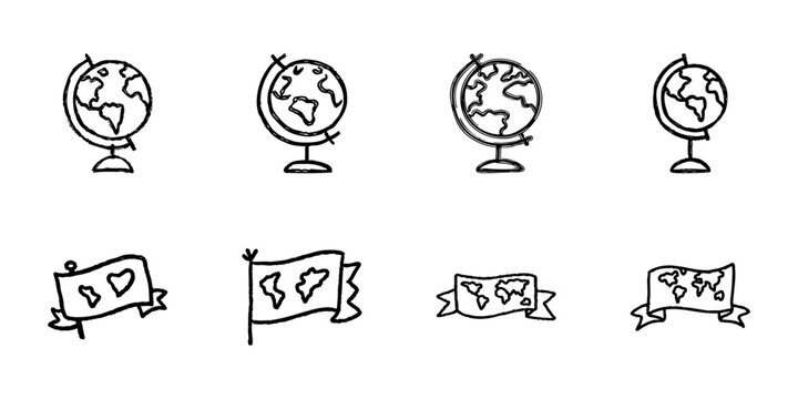 Globes And World Flags In Hand Drawn Style Set. Global Awareness, Geography Education, International Unity Doodle Sketch Collection. Travel And Exploration Theme. Isolated Vector Illustration