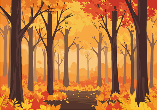 Autumn forest path with fallen leaves and trees displaying vibrant fall colors during the day