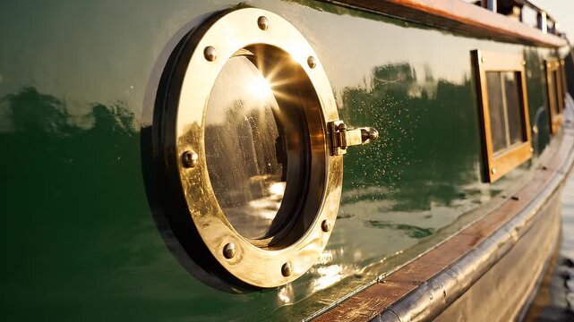 Polished Brass Portholes on Elegant Dark Green Houseboat Shine Brilliantly with Timeless Nautical Luxury