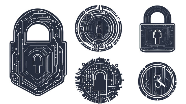 Collection of stylized illustrations of locks and circuit board patterns for cybersecurity concepts
