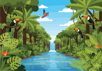 Vibrant tropical rainforest with a flowing river, lush green trees, exotic birds, and a distant waterfall under a clear blue sky © nasir