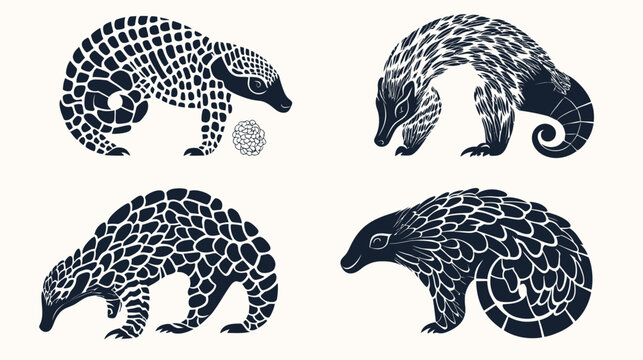 Four stylized illustrations of pangolins in various poses, with textured details, against a white background