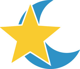 Obraz premium Blue crescent moon and yellow star illustration. Simple flat vector design of celestial night sky symbols with clean outlines. Concept for nursery decor, bedtime, Ramadan, and astronomical icons. 