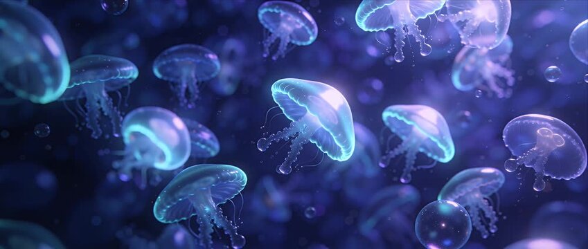 Jellyfish underwater glowing neon blue ocean sea swarm dreamy fantasy scene with soft refraction jellylike bubble shape floating jellyfish deep sea underwater background abstract ocean depth surreal