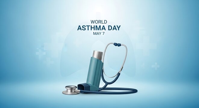 A medical inhaler and stethoscope on a blue background for World Asthma Day