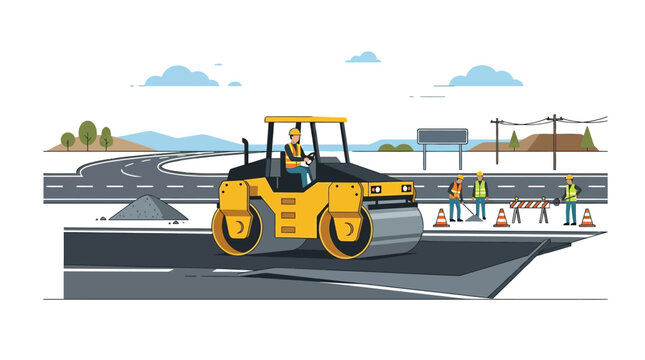 Road Construction Site Illustration with Yellow Steam Roller Paving Highway and Workers