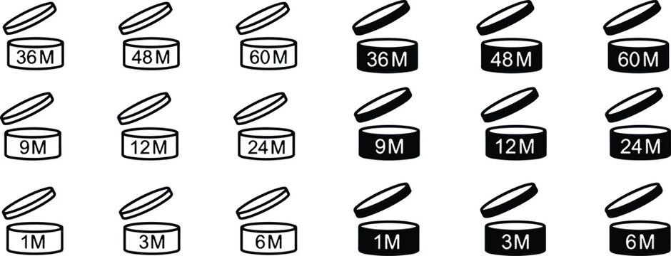 Period after open icons set. Pao symbols. Round box with cap opened. Expiration period in months signs for cosmetic packaging on transparent background.
